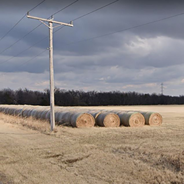 hay bails in field next to telephone pole