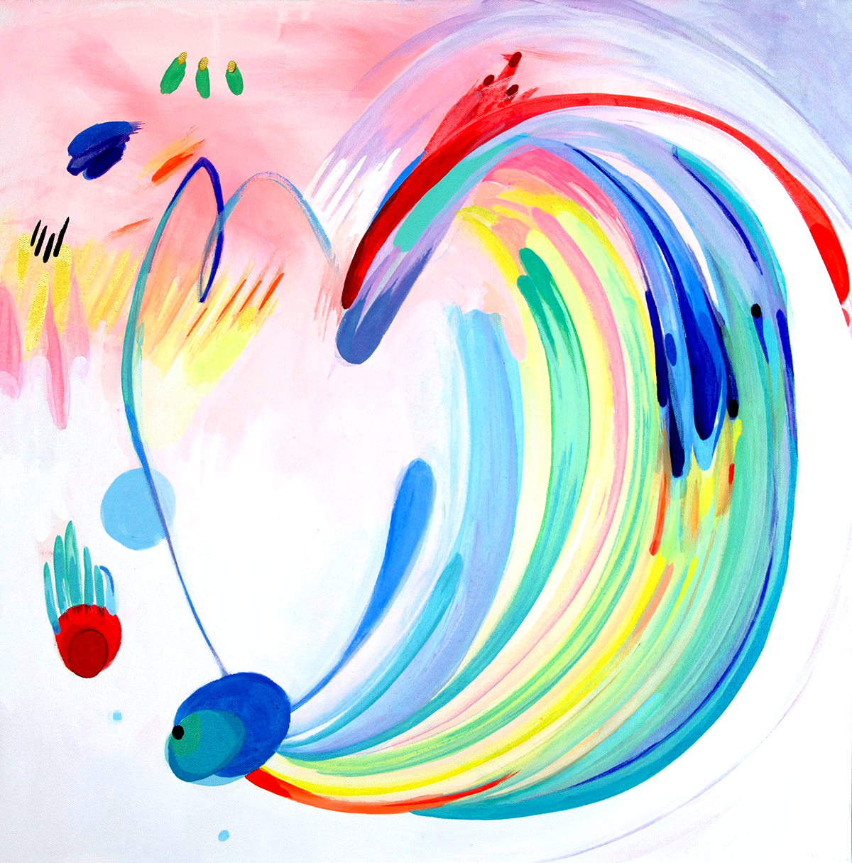 Abstract painting with bright colors like blue, pink and yellow