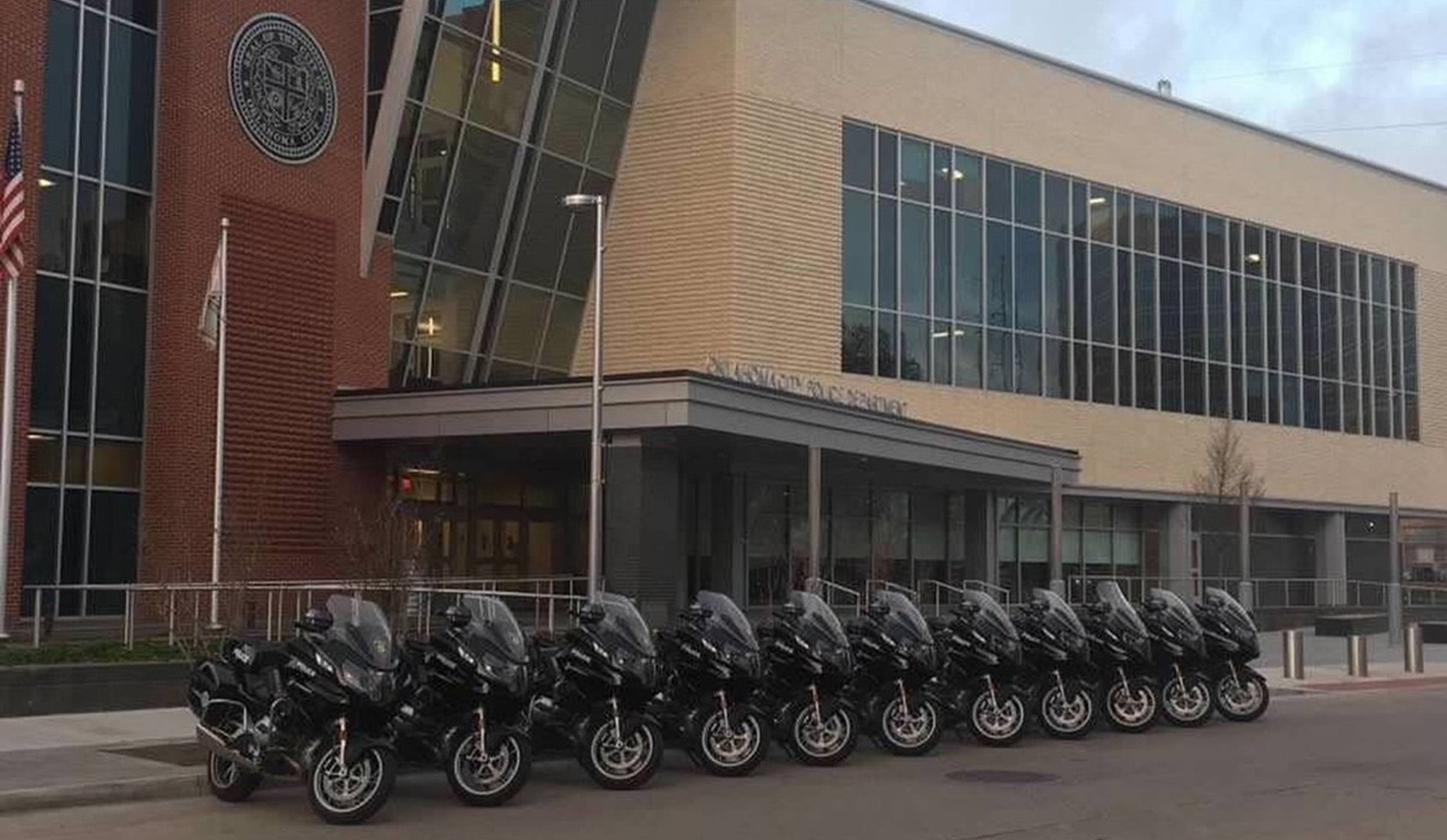 police motorcycles in line in front of OKCPD headquarters