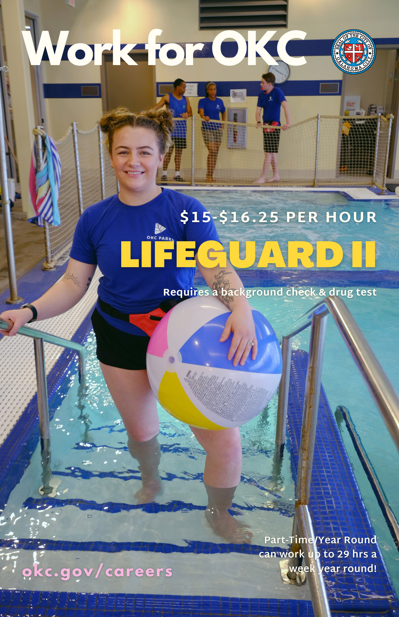 lifeguard standing at the edge of the pool with summer OKC Parks jobs as text