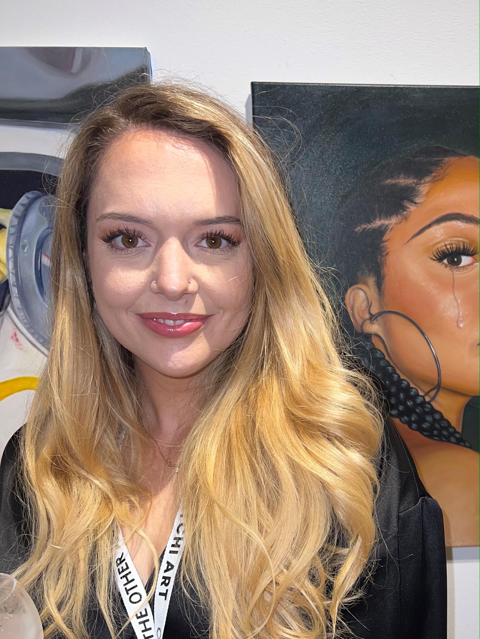 headshot of artist Mack Brim next to paintings