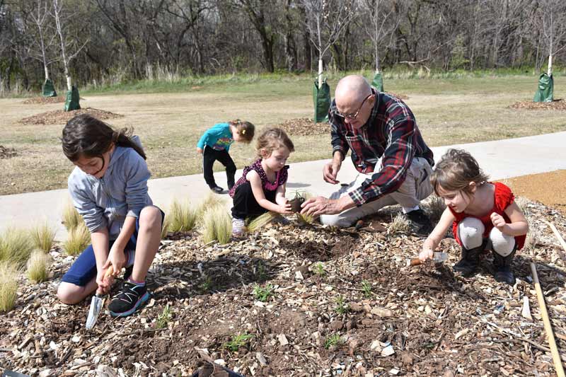 A grandfather and his granddaughters plant Milkweed at Bluff Creek Park